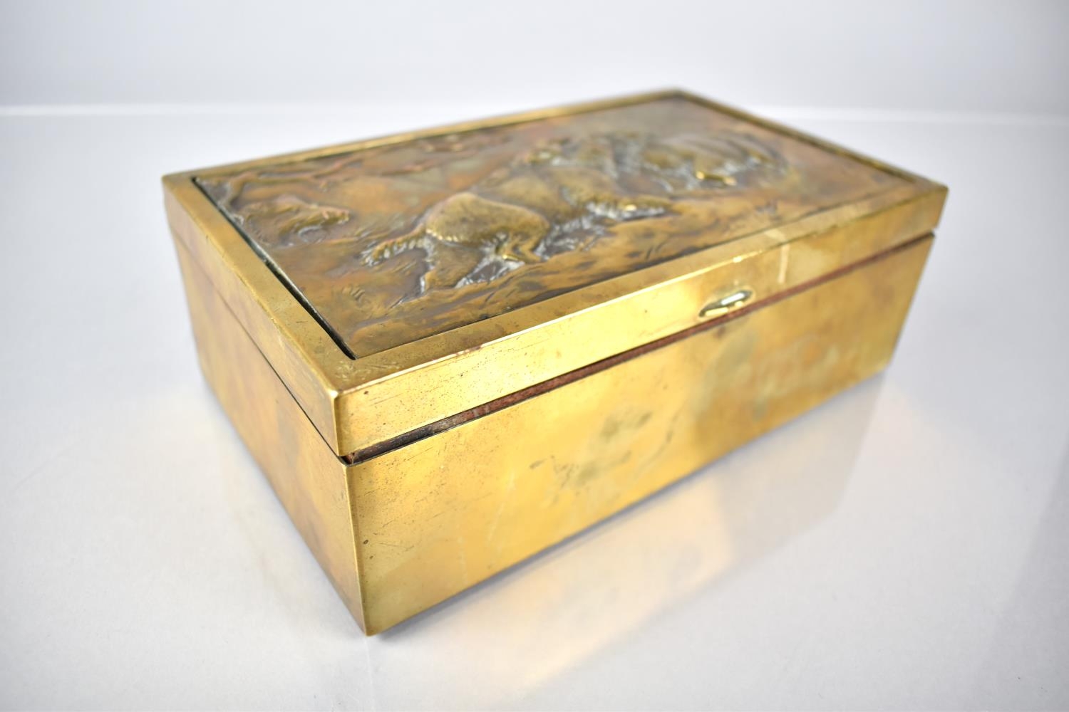 A Continental Brass Box, The Hinged Lid Decorated in Relief with Two Wild Boar Fighting, 21.5x13x7. - Image 3 of 5