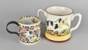 A 19th Century Pearlware Transfer Printed Surprise Mug with Replacement Metal Handle, 10cms High,