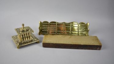 Two Brass Cribbage Boards together with a Cast Brass Inkwell, Some Condition issues