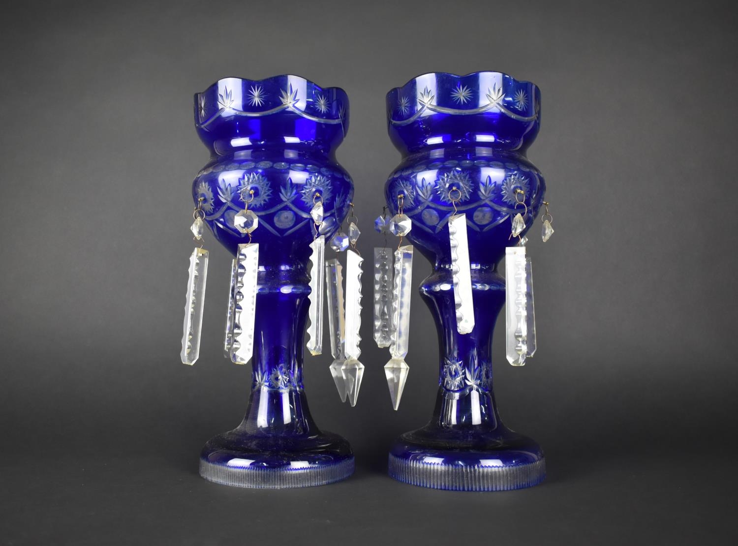 A Pair of Blue Overlaid Glass Lustres, with Droppers, 36cms High, Some Lustres with Condition Issues