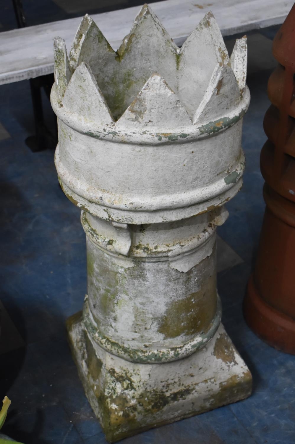 A Castellated White painted Chimney Pot, 77cms High