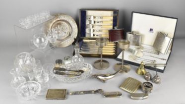A Collection of Various Glass and Metalwares to Comprise Cut Glass Napkin Rings, Cruets, Silver