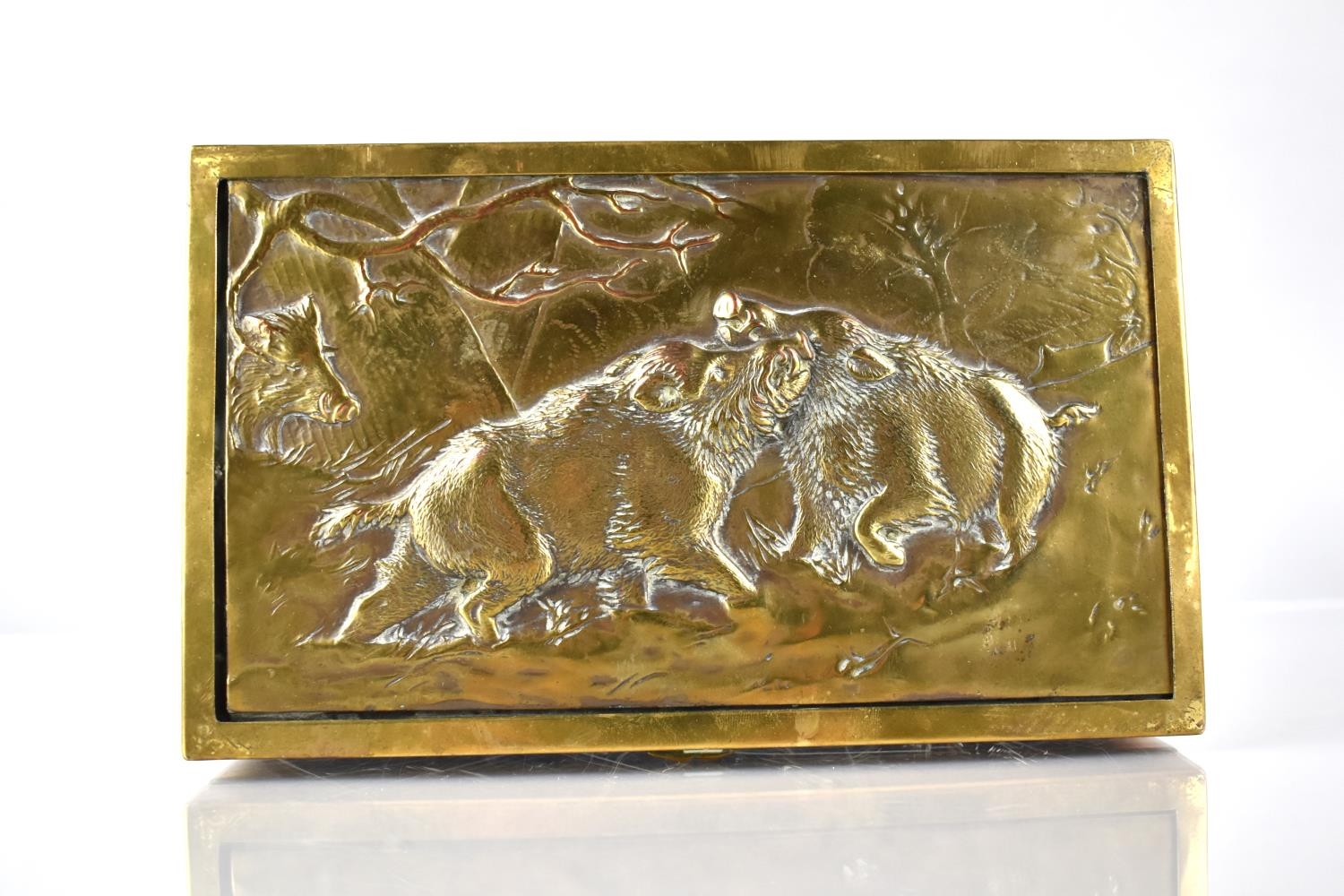 A Continental Brass Box, The Hinged Lid Decorated in Relief with Two Wild Boar Fighting, 21.5x13x7. - Image 2 of 5