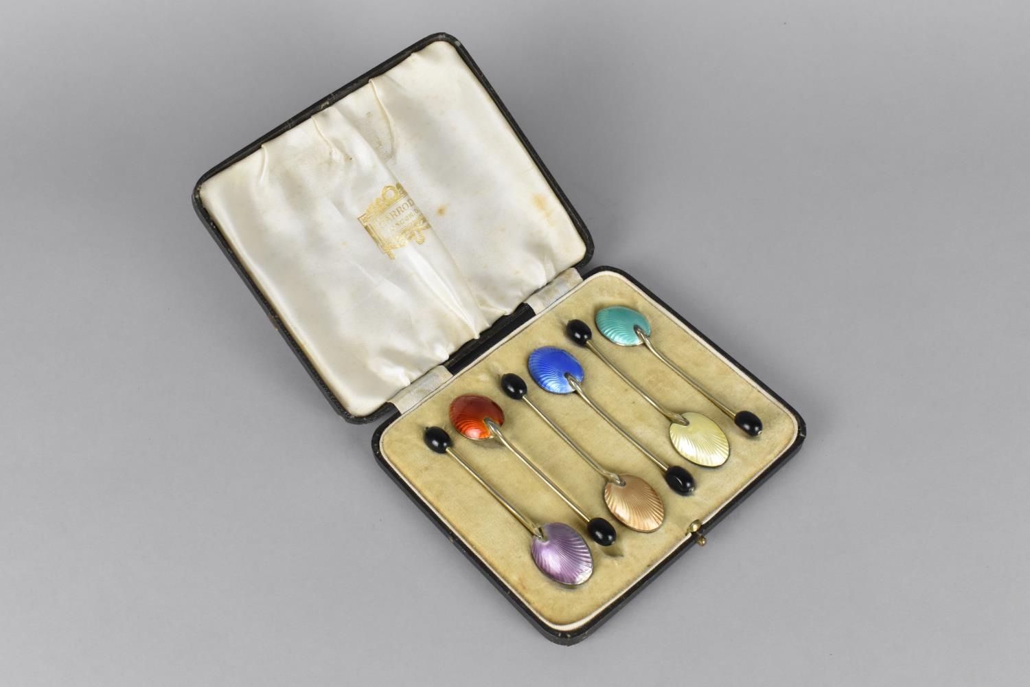 A Cased Set of Six Silver Plate and Enamelled Coffee Bean Spoons in Fitted Case for Harrods of