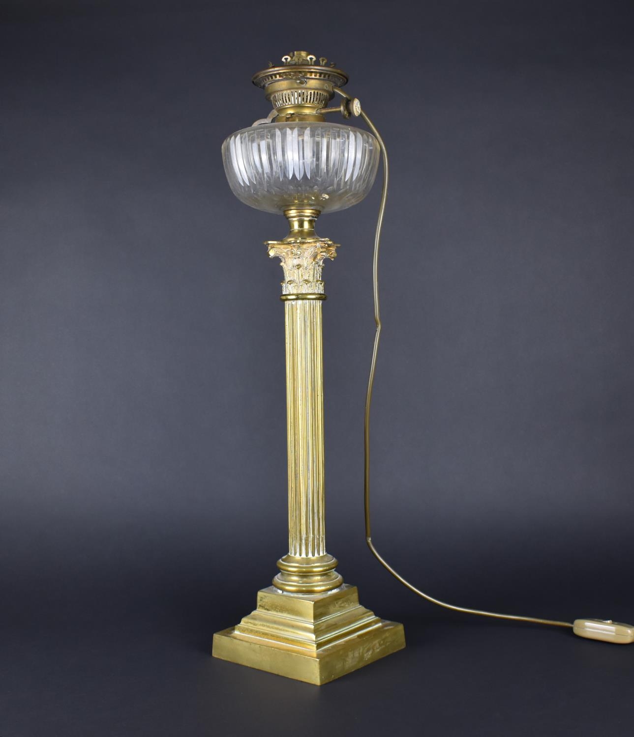 A Tall Brass Oil Lamp Having Plain Cut Glass Reservoir Raised on a Corinthian Column with Tapering - Image 2 of 2