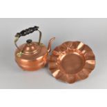 A Copper Kettle with Wooden Handle and Three Brass Ball Feet together with a Copper Dish