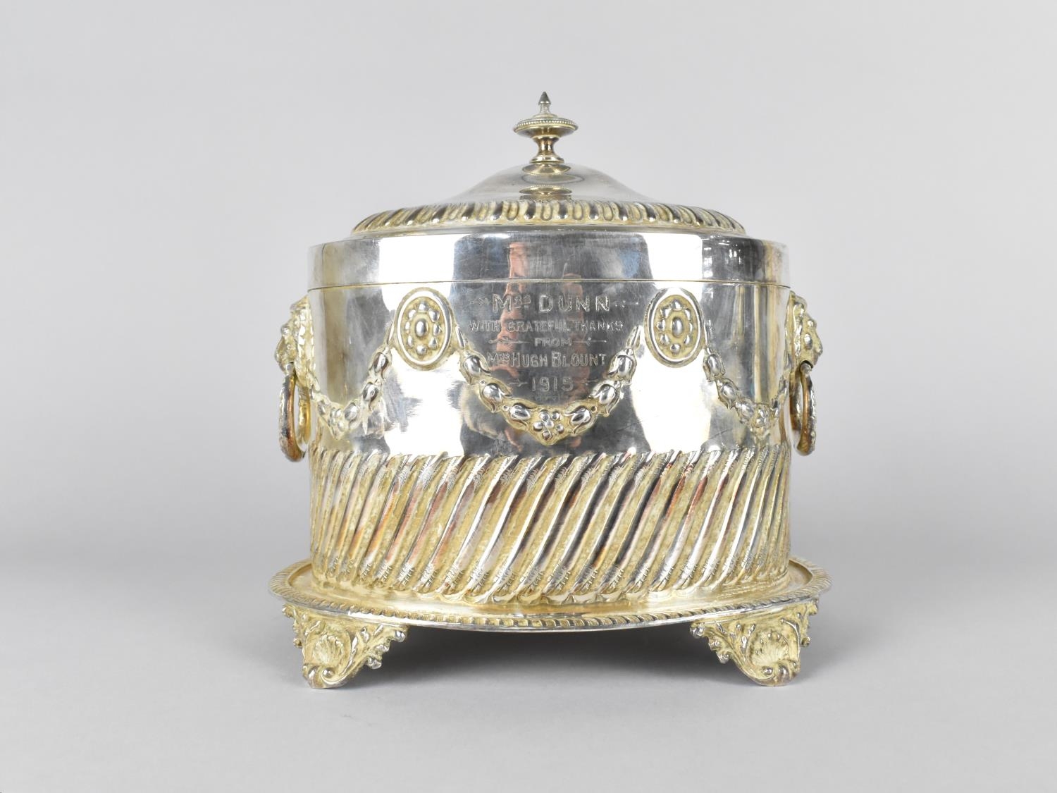 An Early 20th Century Silver Plated Presentation Biscuit Barrel of Oval Form, the Body with Lion - Image 2 of 3
