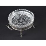 A Cut Glass Dish with Swallow Decoration on Silver Plated Stand with Twin Handles, 22x9cms High