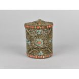 A Late 19th Century White Metal Cylindrical Filigree Box with Turquoise and Coral Cabochons, 9cms