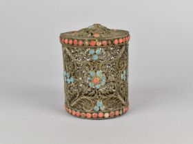 A Late 19th Century White Metal Cylindrical Filigree Box with Turquoise and Coral Cabochons, 9cms