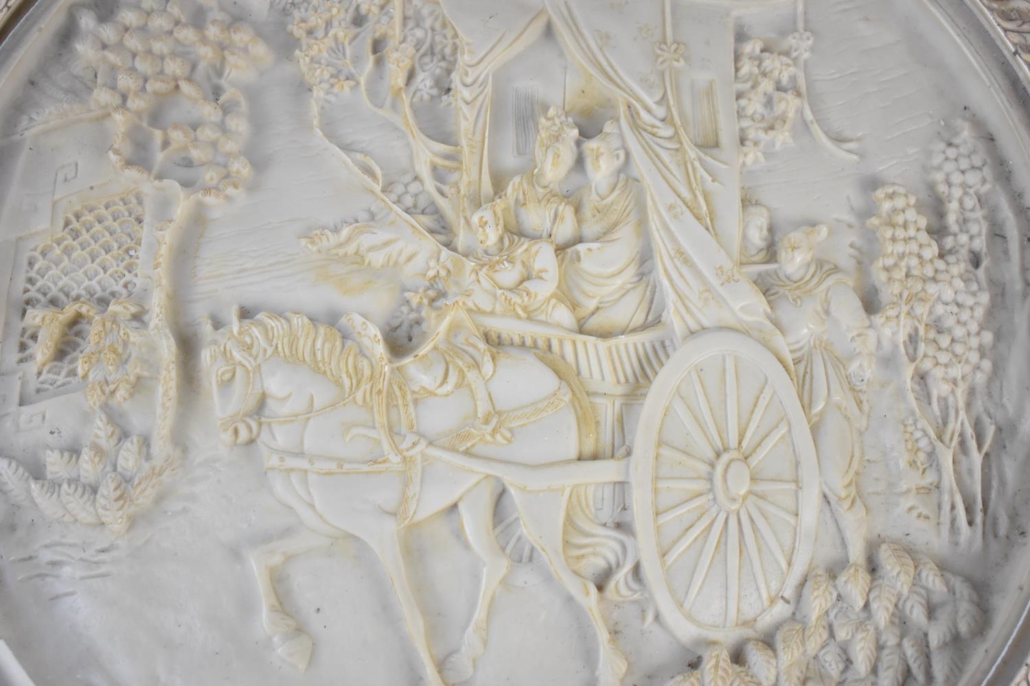A Chinese Style Faux Ivory Circular Topped Table Decorated in Relief to Top with Cart Horse and - Image 3 of 3
