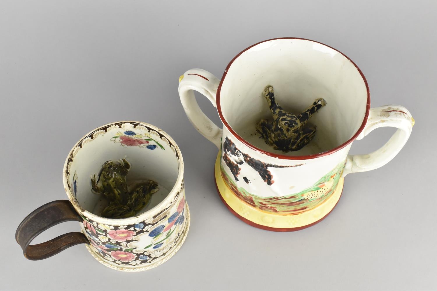A 19th Century Pearlware Transfer Printed Surprise Mug with Replacement Metal Handle, 10cms High, - Image 2 of 3