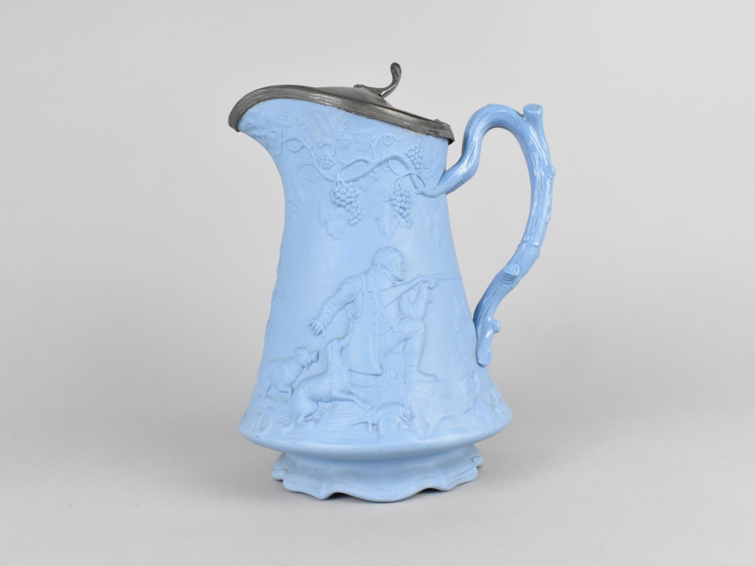 A 19th Century Cobridge Relief Jug Decorated with Hunting Scene having Pewter Lid, 21cm High - Image 2 of 3