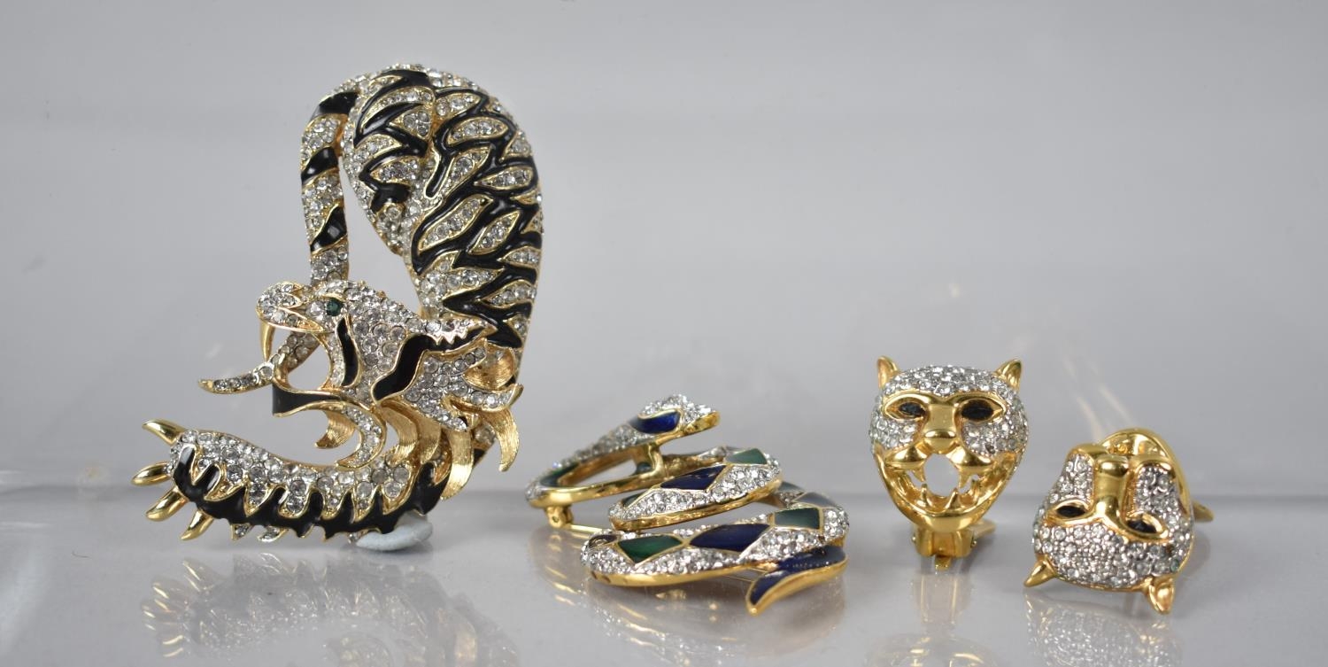 Two Vintage Jewelled Gold Tone Brooches by A&S, Coiled Serpent and Tiger together with a Pair of - Image 2 of 2