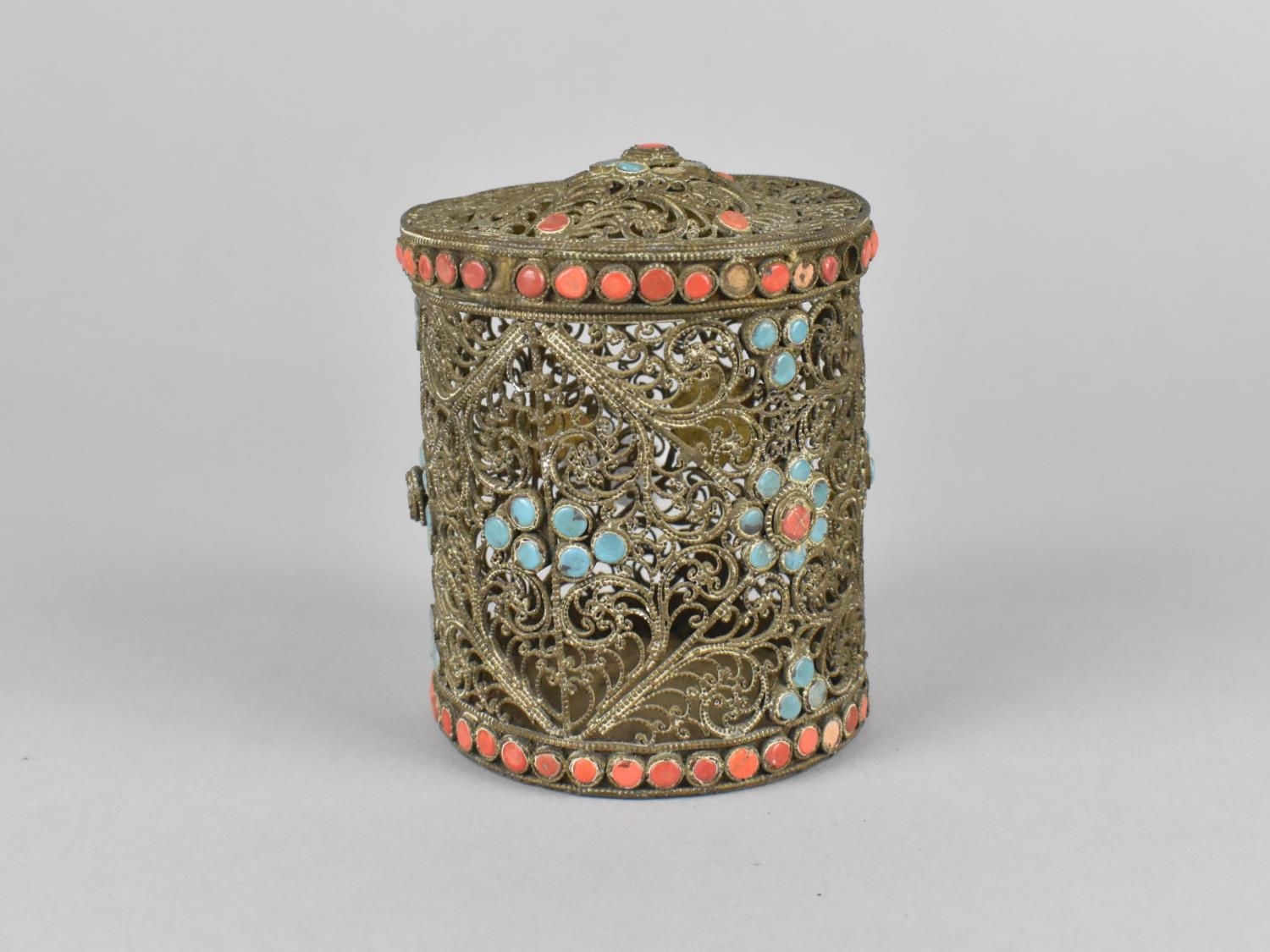 A Late 19th Century White Metal Cylindrical Filigree Box with Turquoise and Coral Cabochons, 9cms - Image 3 of 4