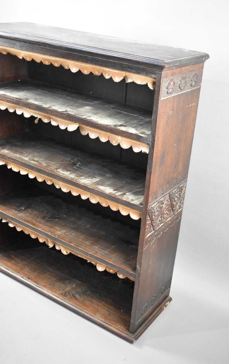 An Early 20th Century Oak Four Shelf Bookcase with Tooled Leather Fringes and Carved Decoration to - Image 2 of 3