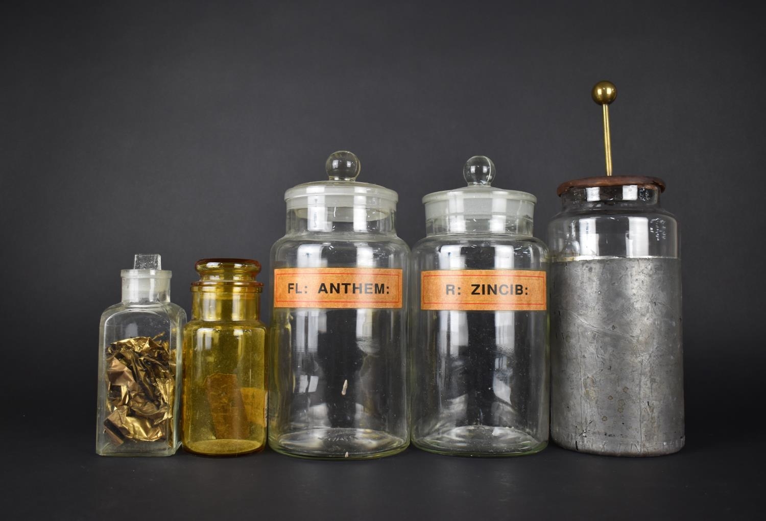 A Collection of Various Vintage Chemists Jars to include Two with Labels, Measuring 29cms High