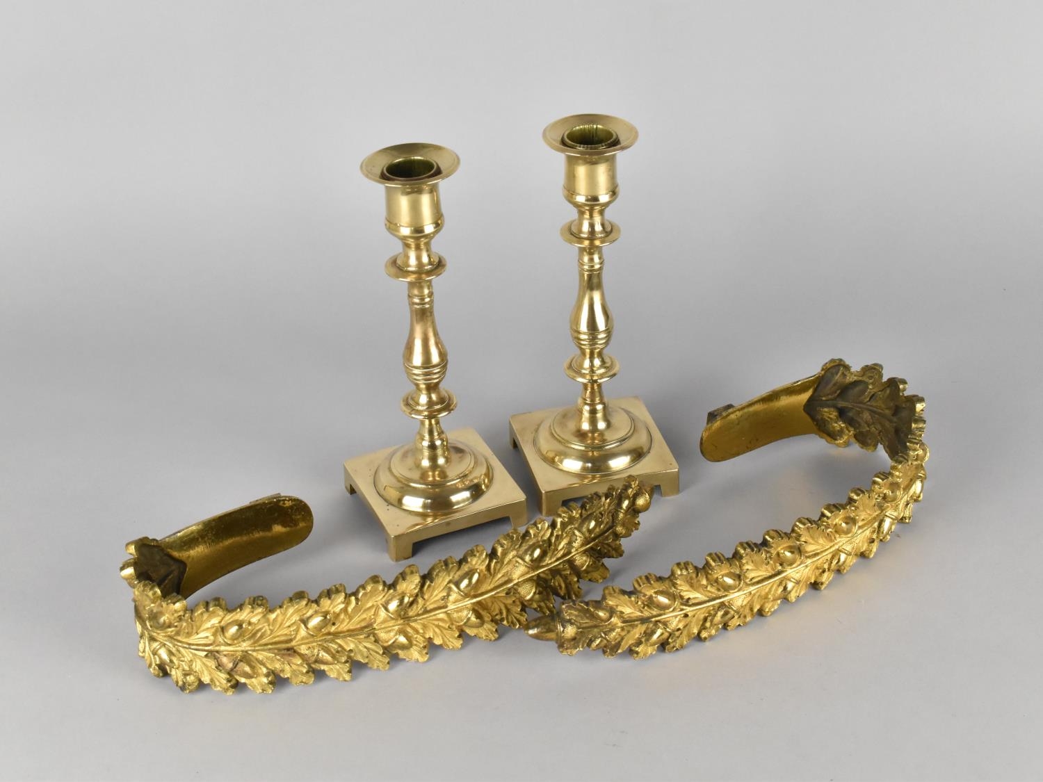 A Pair of Ornate Brass Curtain Ties with Oakleaf and Acorn Decoration Together with a Pair of 20th