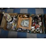 Three Boxes of Various Ceramics, Wooden Cased Clock Etc