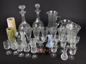 A Collection of Various Glassware to Comprise Decanters, Lemonade Set etc Together with Two Turned