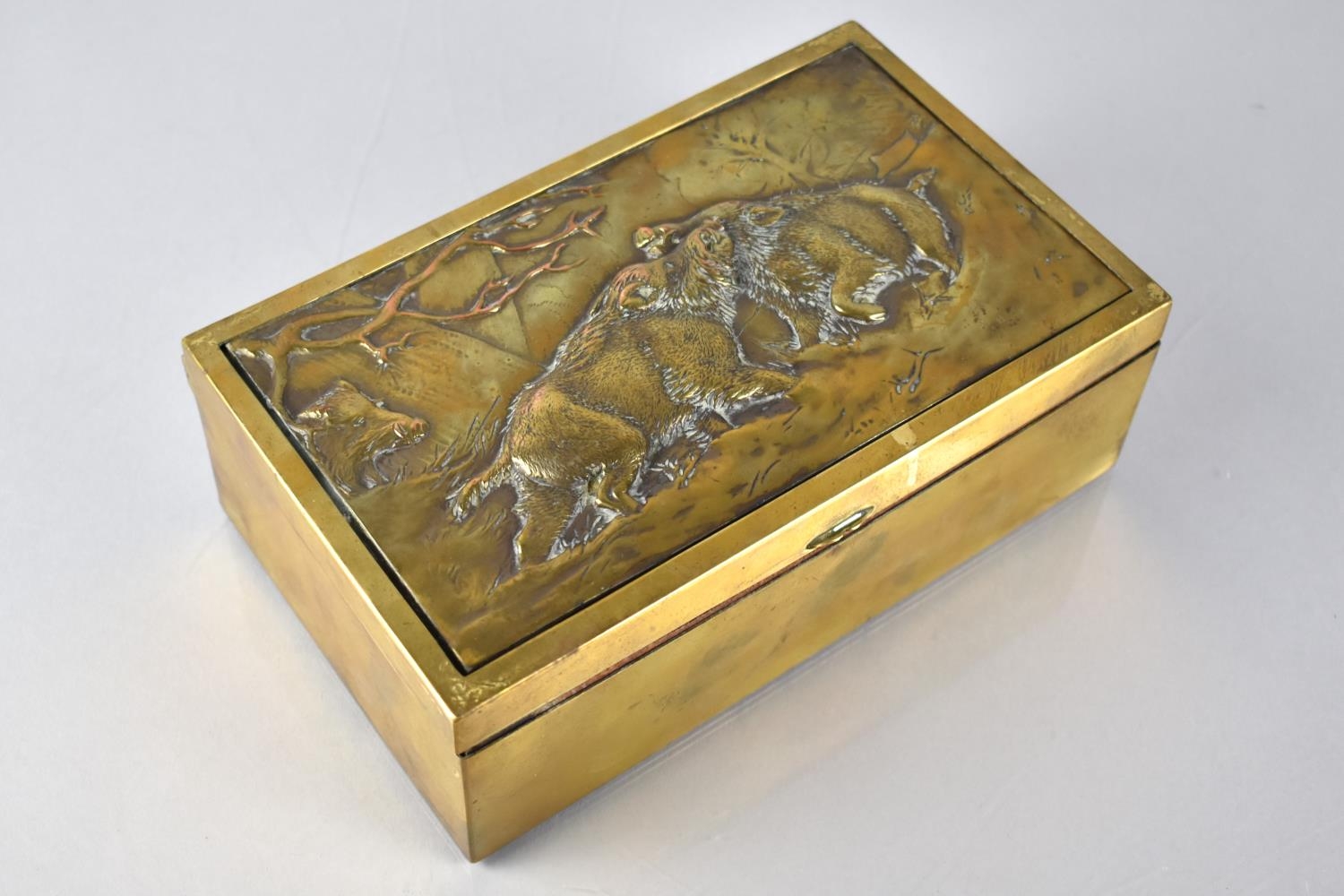 A Continental Brass Box, The Hinged Lid Decorated in Relief with Two Wild Boar Fighting, 21.5x13x7. - Image 4 of 5