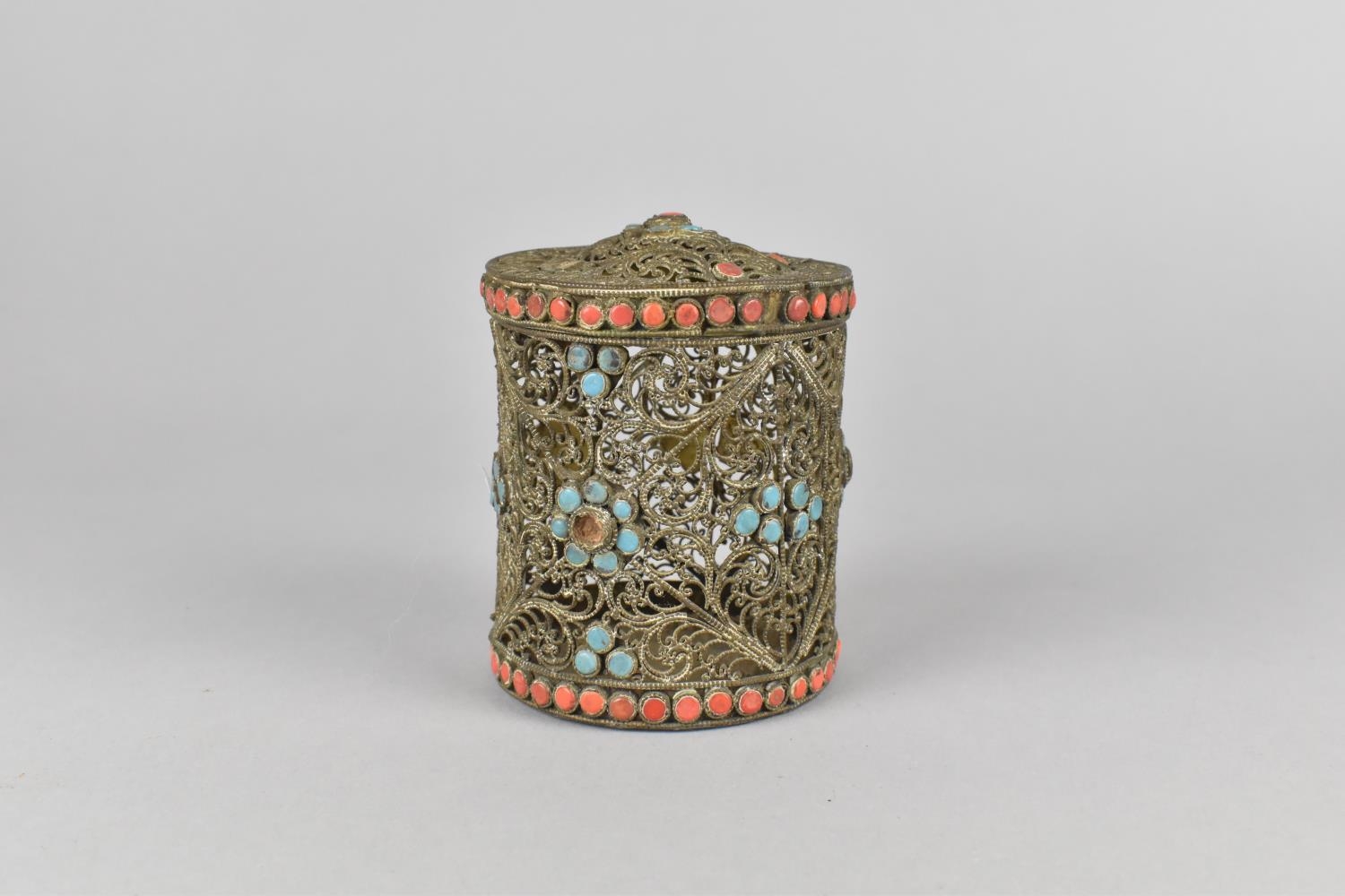 A Late 19th Century White Metal Cylindrical Filigree Box with Turquoise and Coral Cabochons, 9cms - Image 4 of 4