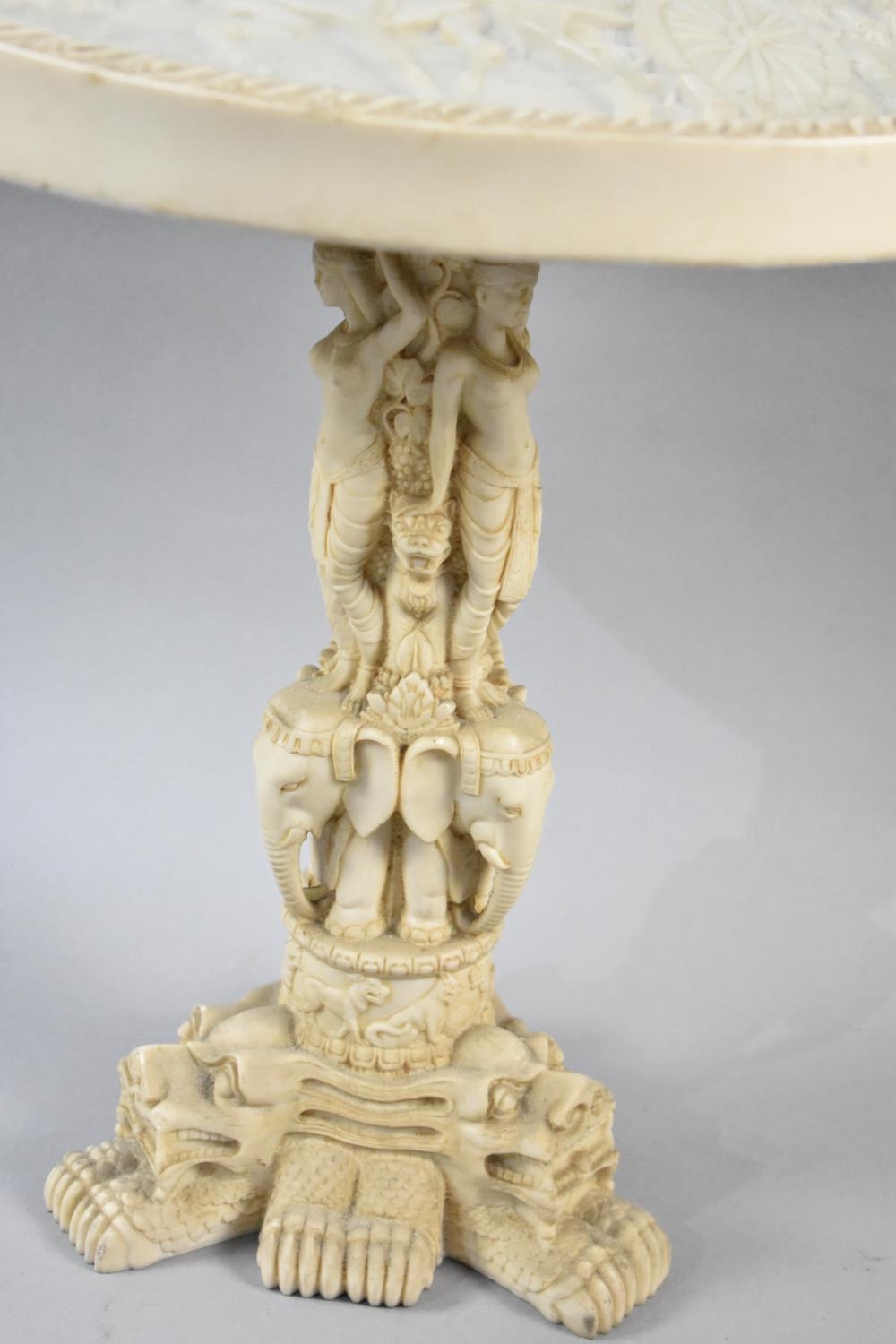 A Chinese Style Faux Ivory Circular Topped Table Decorated in Relief to Top with Cart Horse and - Image 2 of 3