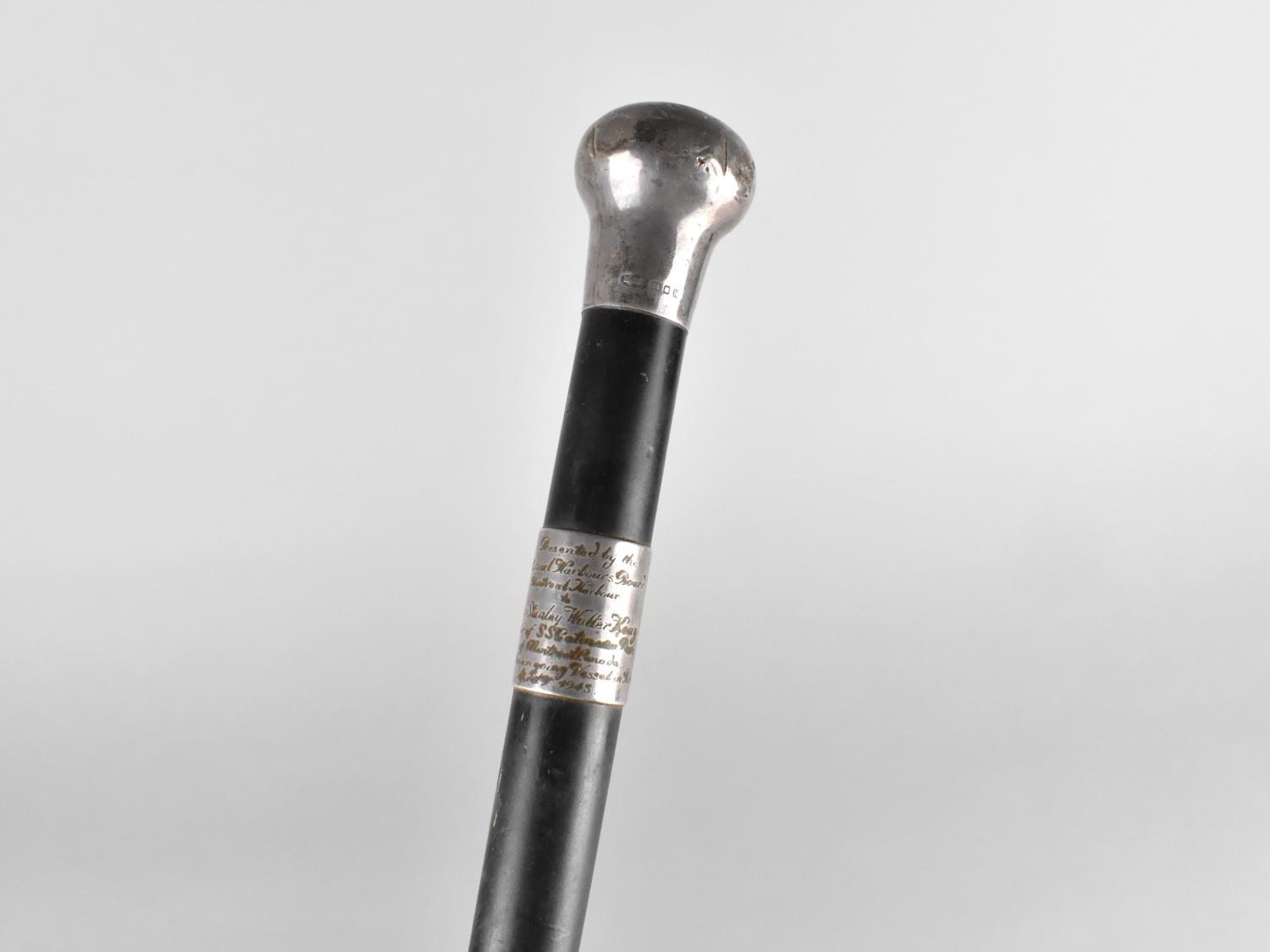 A Mid 20th Century Ebonized Walking Stick with Silver Top and Mount with Presentation Inscription C. - Image 2 of 2