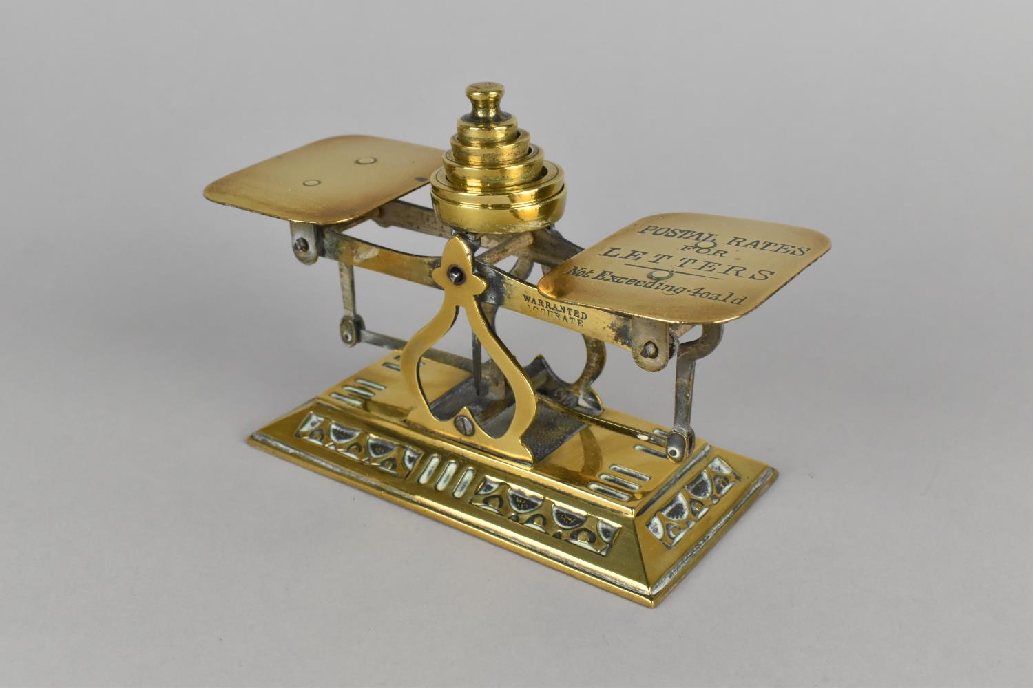 An Edwardian Brass Postage Scale on Rectangular Brass Plinth, Complete with Weights, 16cms High - Image 3 of 4