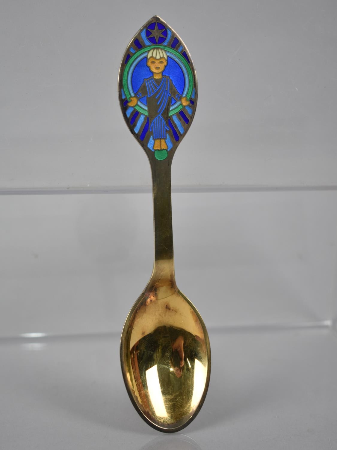 A Michelsen: A Danish Enamel and Gilt Silver Spoon for Christmas 1984, 46gms, 16.5cms Long