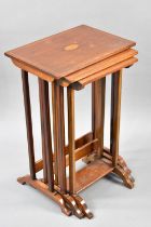 A Mahogany String Inlaid Nest of Three Tables, the Tops with Central Inlaid Fan Decoration, 41x61cms