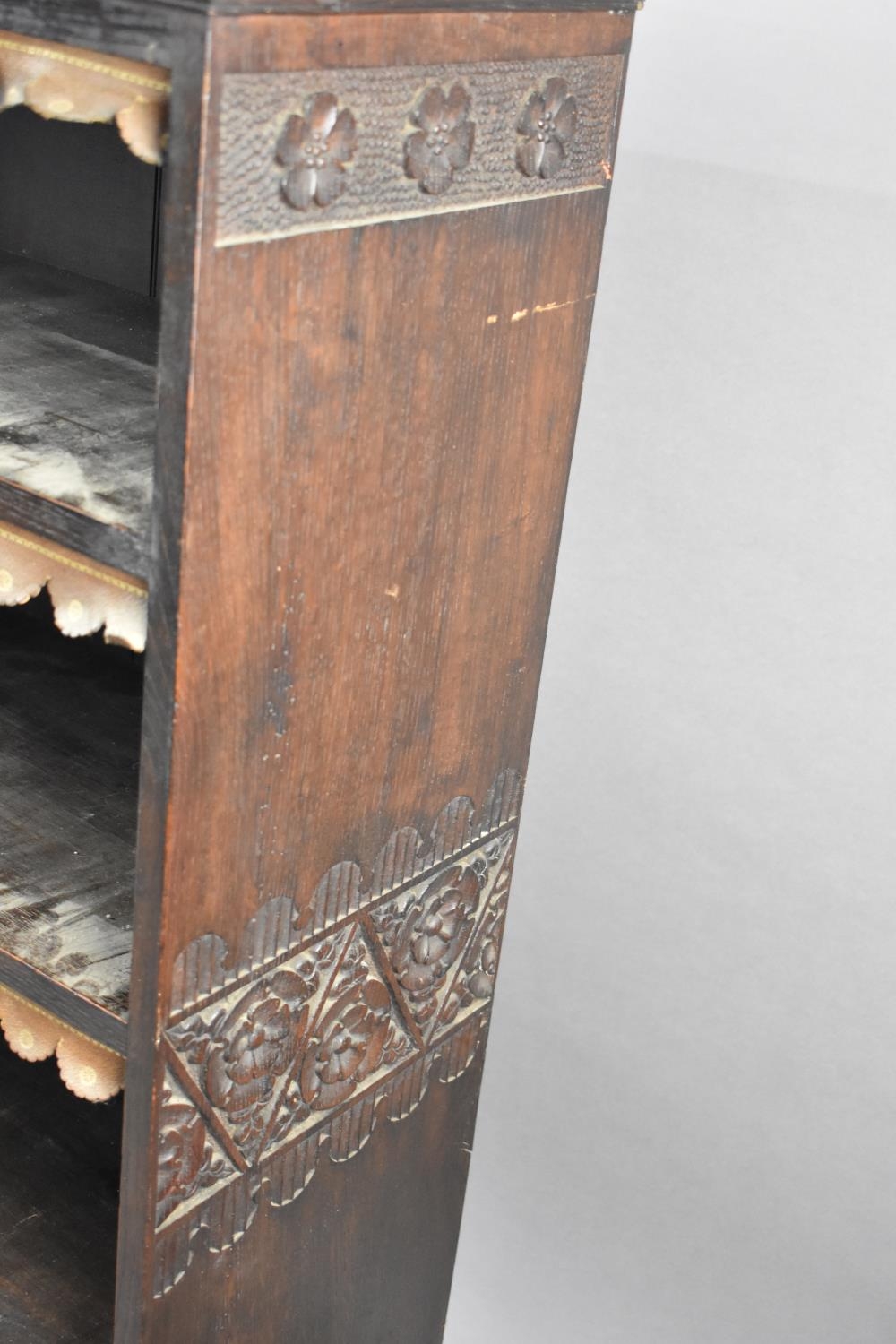An Early 20th Century Oak Four Shelf Bookcase with Tooled Leather Fringes and Carved Decoration to - Image 3 of 3