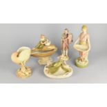 Four Pieces of Royal Dux to Comprise Figural Salt Modelled as Standing Lady with Basket, 26cm