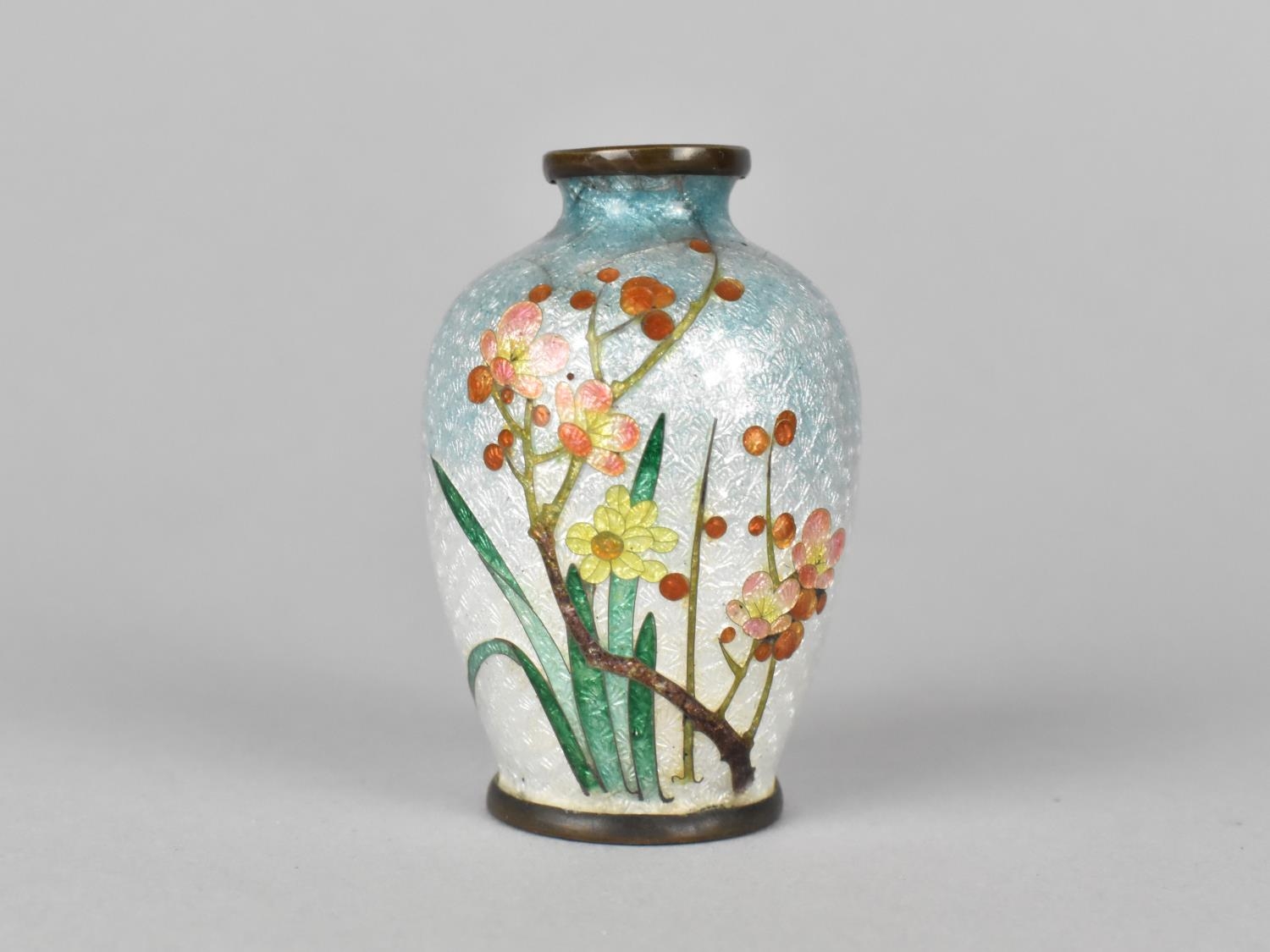 A Small Early/Mid 20th Century Japanese Ginbari Enamel Vase with Blossoming Branch on Transitional