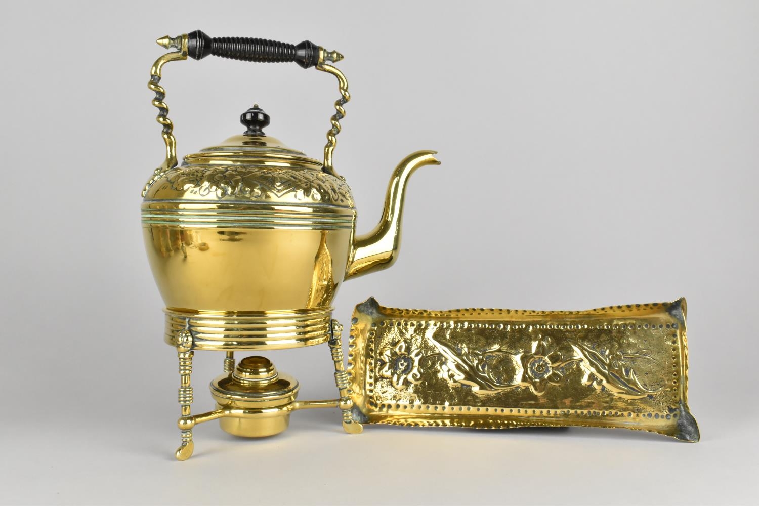 A Late 19th/Early 20th Century Brass Spirit Kettle on Stand and Burner with Hand Beaten Decoration