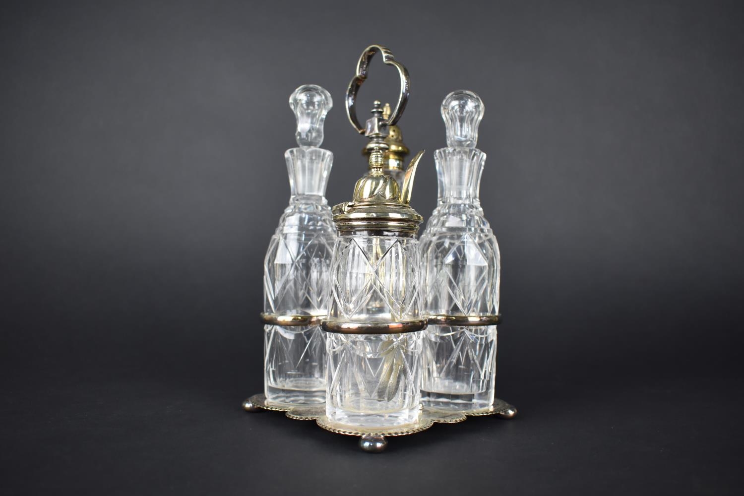 A Glass and Silver Plate Four Bottle Cruet on Fitted Stand with Presentation Inscription