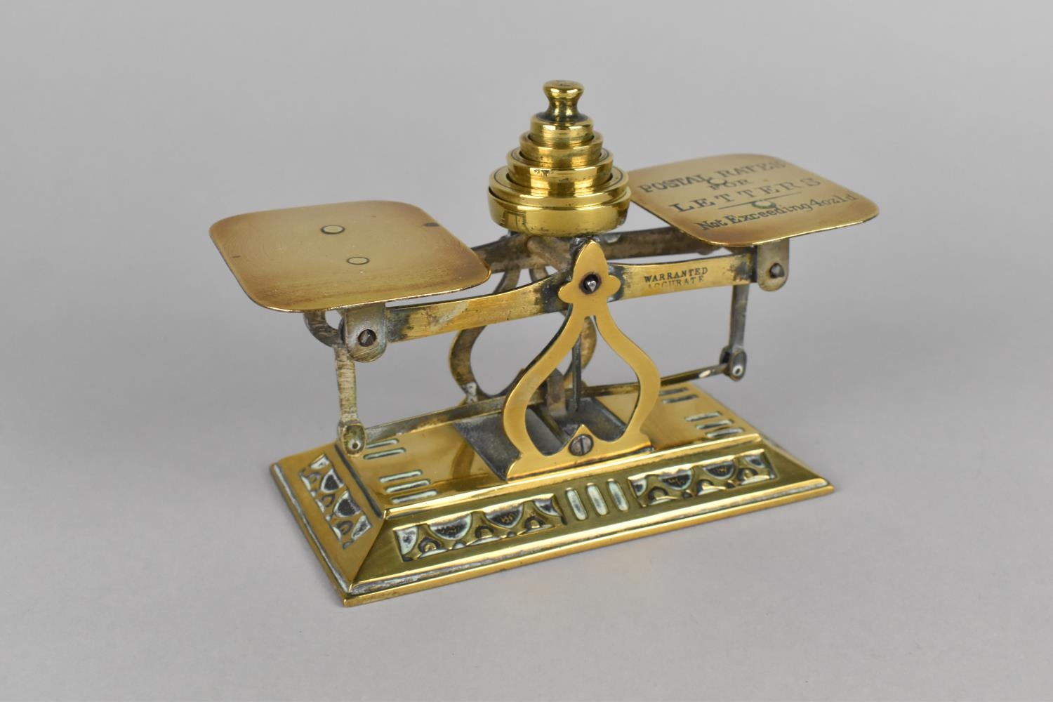 An Edwardian Brass Postage Scale on Rectangular Brass Plinth, Complete with Weights, 16cms High - Image 4 of 4