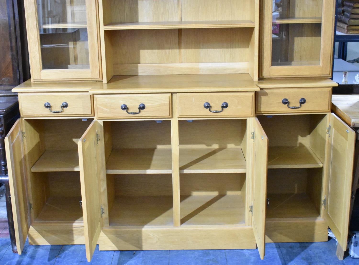 A Modern Light Oak Breakfront Dresser, the Base with Four Drawers Over Cupboards, Raised Central - Image 2 of 2