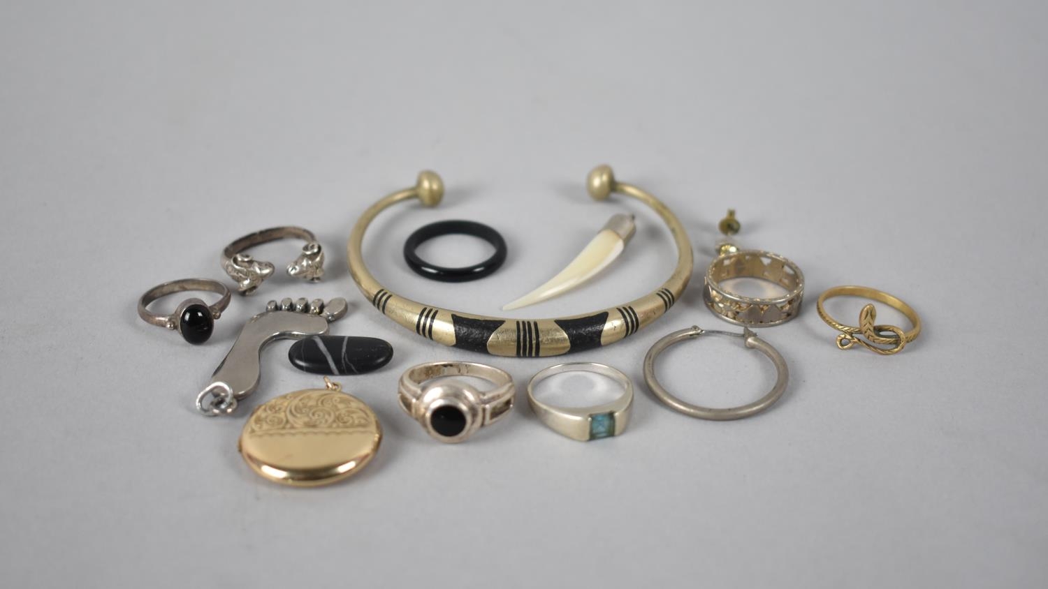 A Collection of Various White Metal Items to include White Metal Tuareg Bangle, Brass Snake Ring,