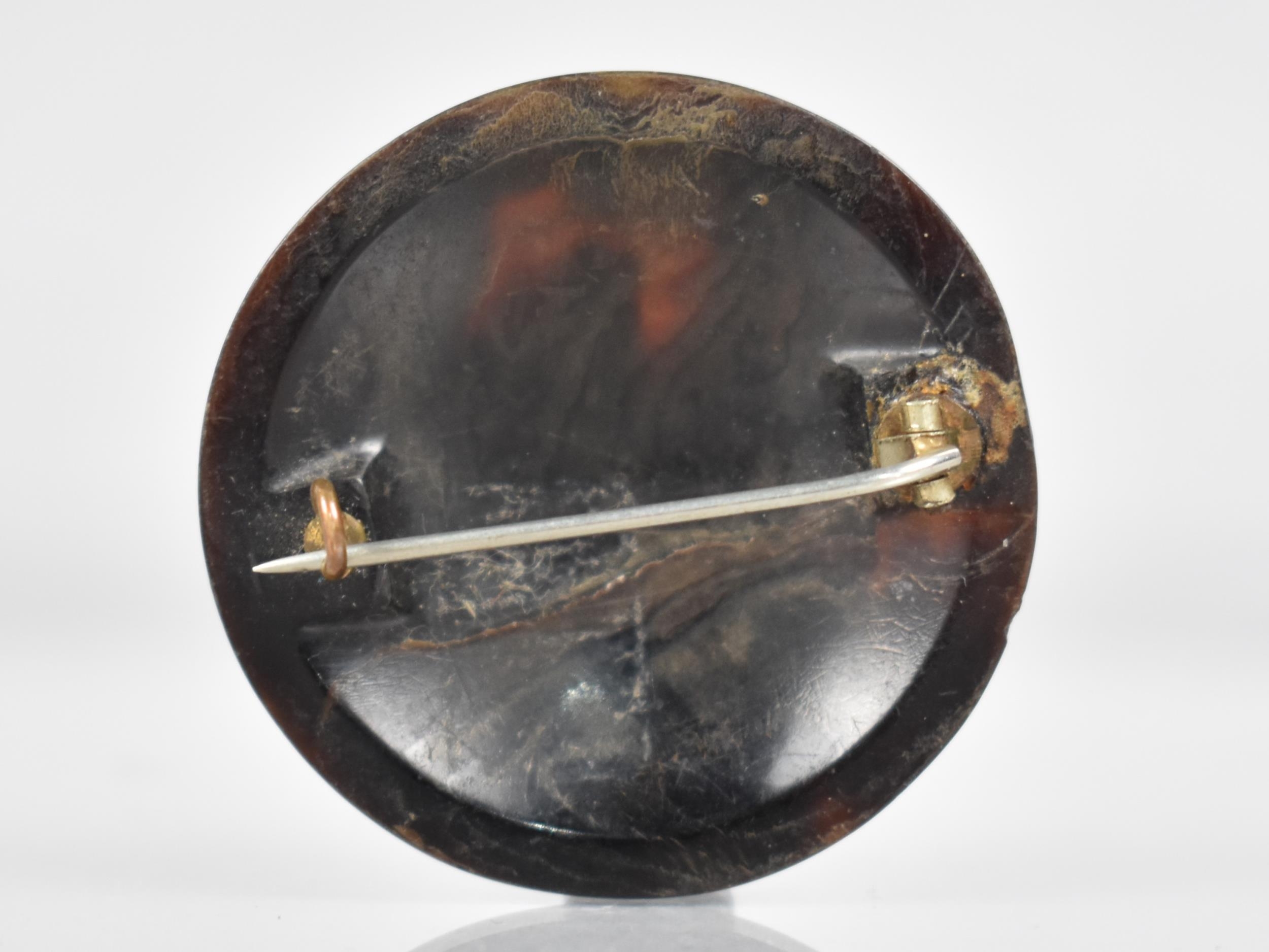 A Victorian Circular Tortoiseshell Brooch with Pique Gilt and White Metal Embellishments, Floral - Image 2 of 2