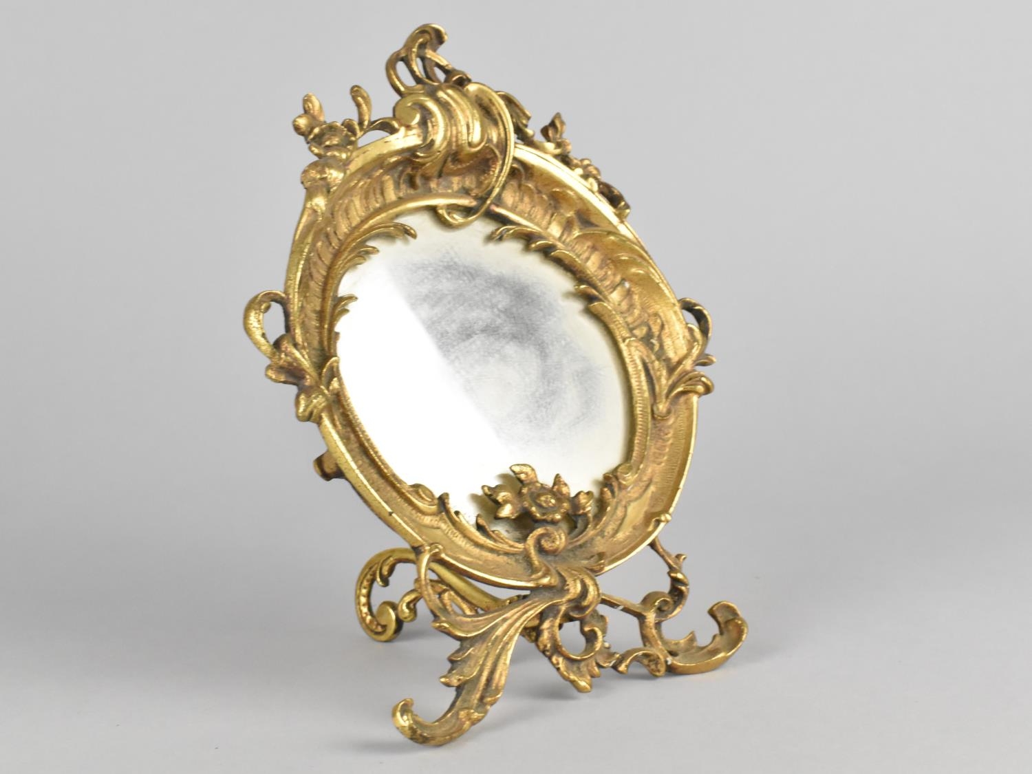 A Small Ornate Cast Brass Dressing Table Mirror of Circular Form with Floral and Scrolled - Image 3 of 4