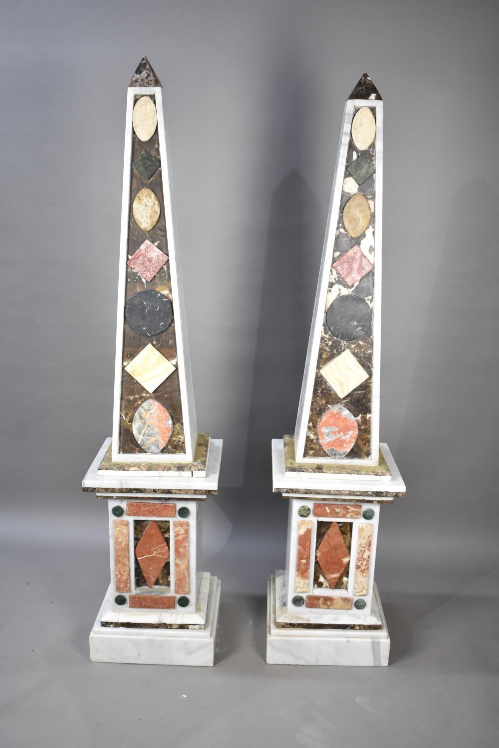 A Pair of Tall Heavy and Impressive Multi-stone and Marble Obelisks, Condition issues, 185cms High