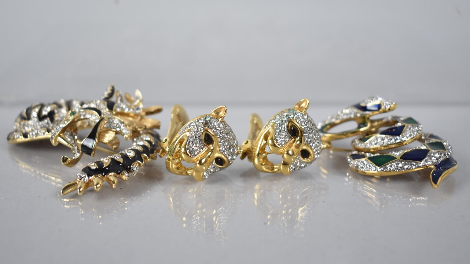 Two Vintage Jewelled Gold Tone Brooches by A&S, Coiled Serpent and Tiger together with a Pair of