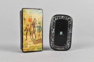 A 19th Century Papier Mache Snuff Box, the Hinged Lid Decorated with Jockey on Horse with Attendant,