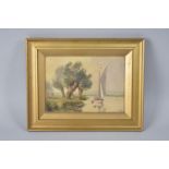An Early 20th Century Oil on Board, Lake Scene with Dingy, Gilt Frame 26x21cms
