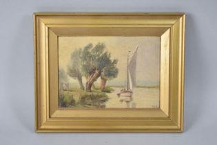 An Early 20th Century Oil on Board, Lake Scene with Dingy, Gilt Frame 26x21cms