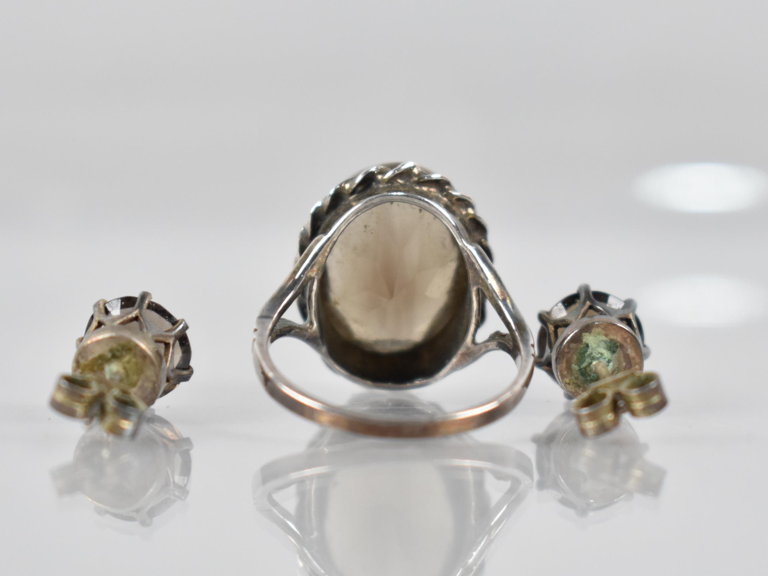 A Matched Suite Smokey Quartz Jewellery, Silver Mounted Ring with Oval Cut Stone Measuring 15.8mm by - Image 2 of 3