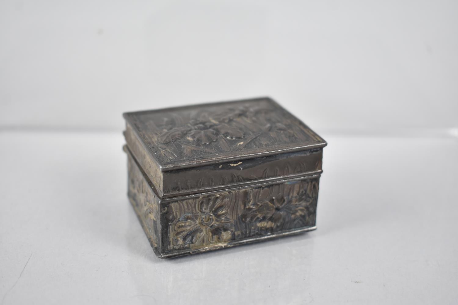 A Small Silver Plated Velvet Lined Casket in the Oriental Style, Irises, 55x45x32mm High
