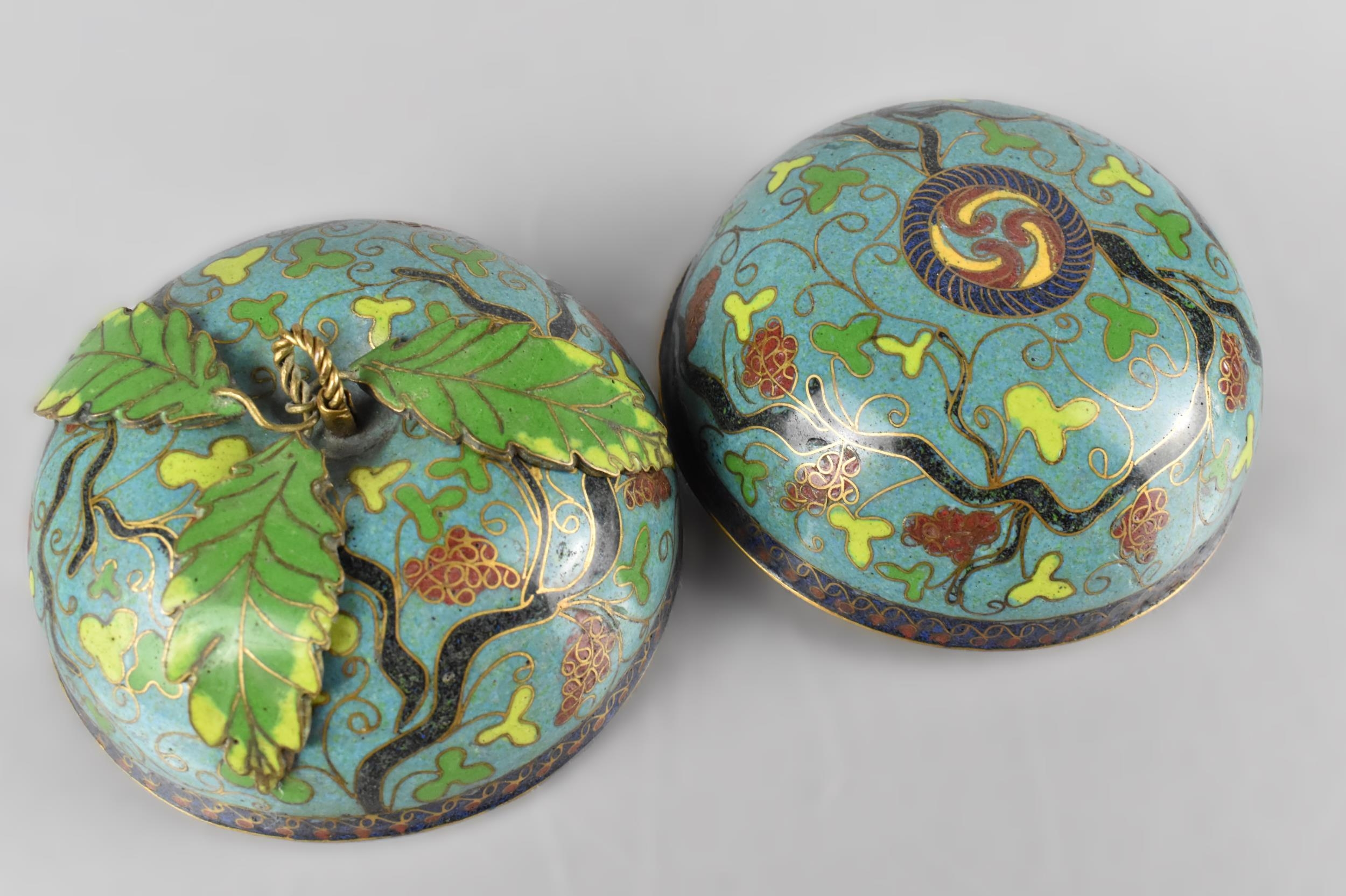 A Chinese Late Qing Dynasty Cloisonne Box in the Form of an Apple Decorated with Grape and Vines - Image 3 of 3