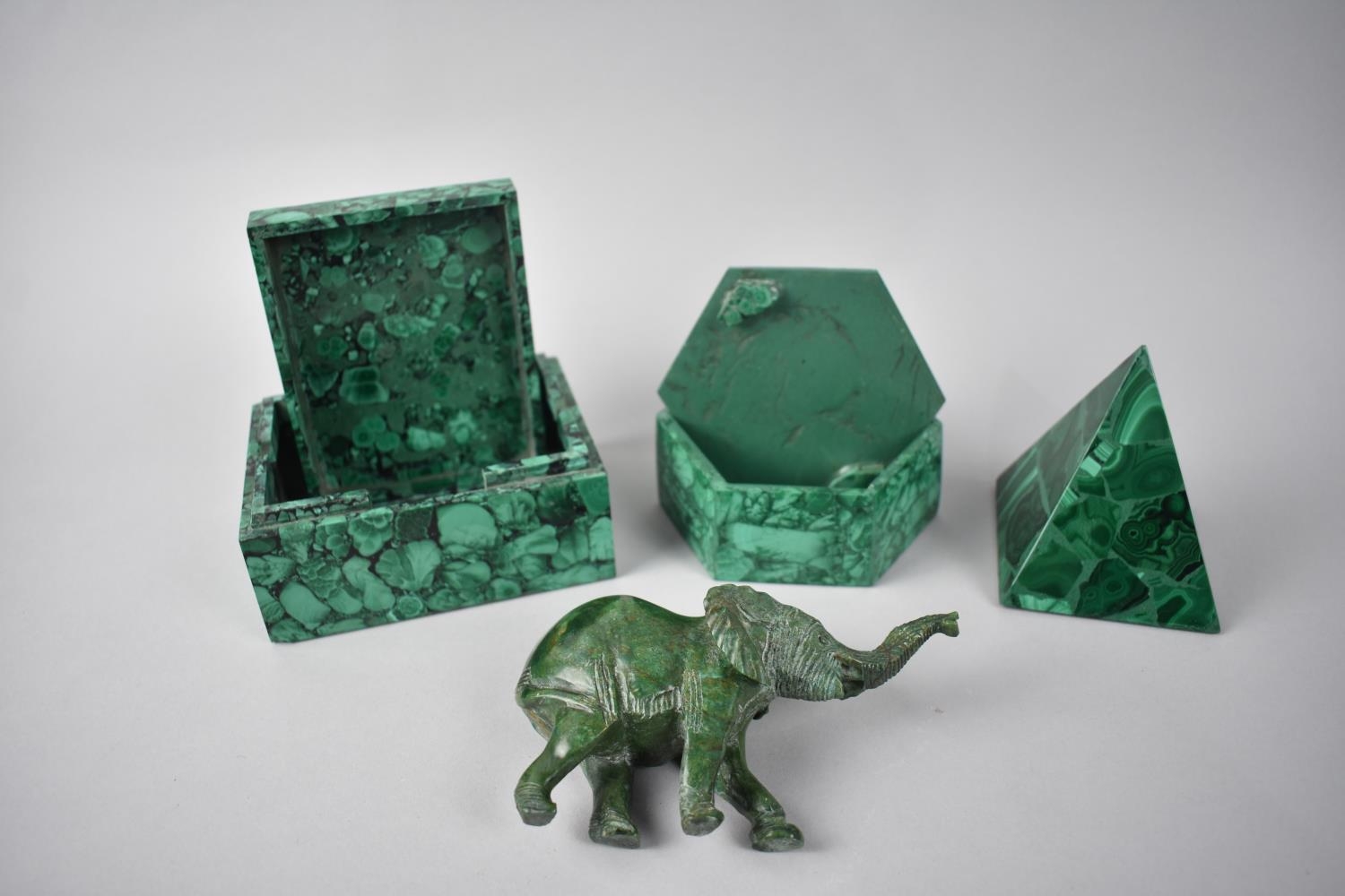 A Rectangular Malachite Box, 12cms Wide, Together with a Further Hexagonal Example, a Malachite - Image 2 of 2